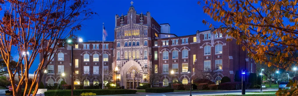 Harkins hall, the main administrative building at Providence College, on a cold autumn night.